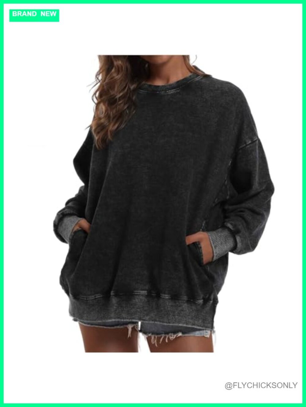 Oversized Cotton Blend Sweatshirt Loose Fit Pullover Crew Neck Pocket Long